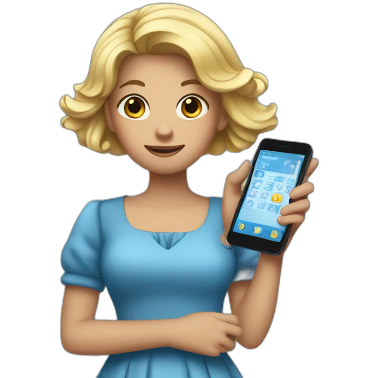 a girl in a blue dress holding a cell phone emoji
