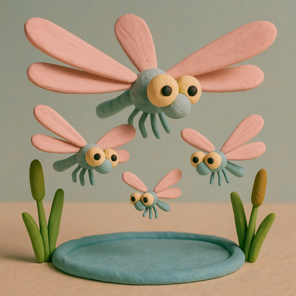 claymation style dragonfly family, two large and two small dragonflies hovering together above a pond, soft pastel colors, playful and gentle scene emoji