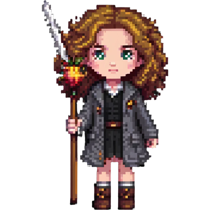 Hermione Granger with bushy hair and wand emoji