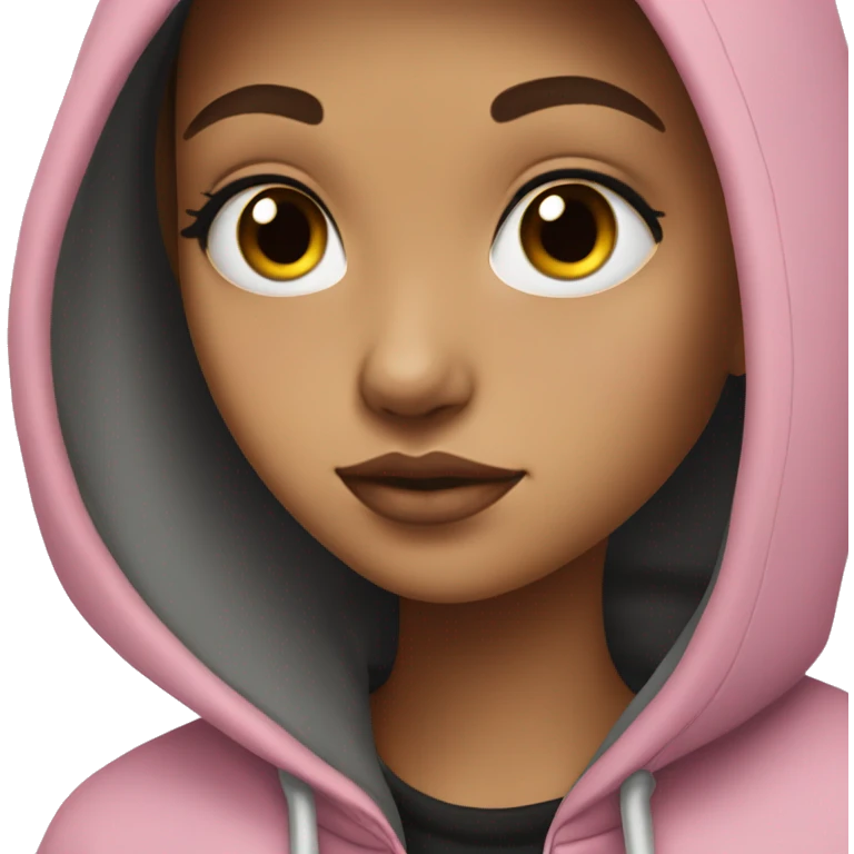 girl wearing a grey and black hoodie, pretty, black eyes, pink lips, facing the side a little bit emoji