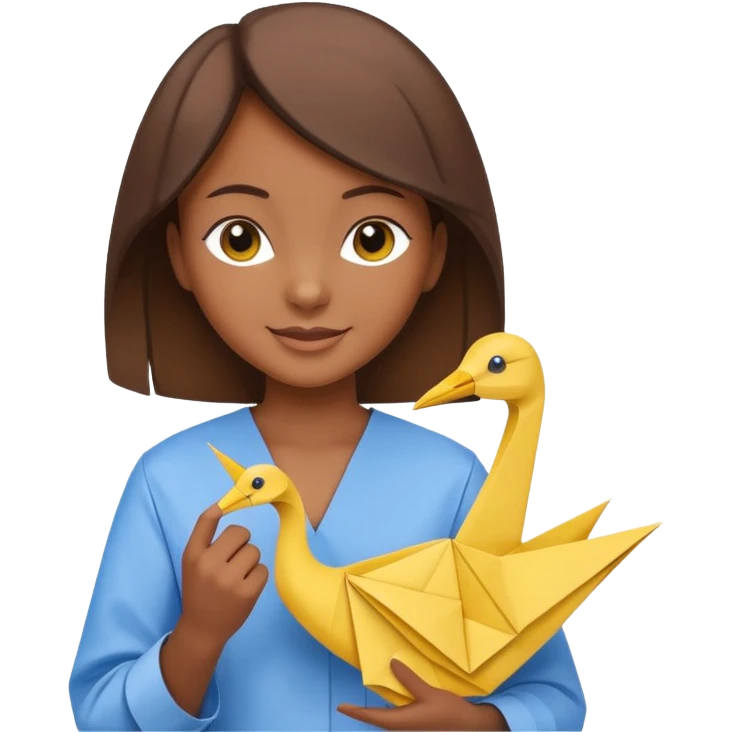happy-african-young-girl-with-brown-hair-in-a-white-kanga-shirt-holds-an-origami-yellow-and-blue-crane emoji