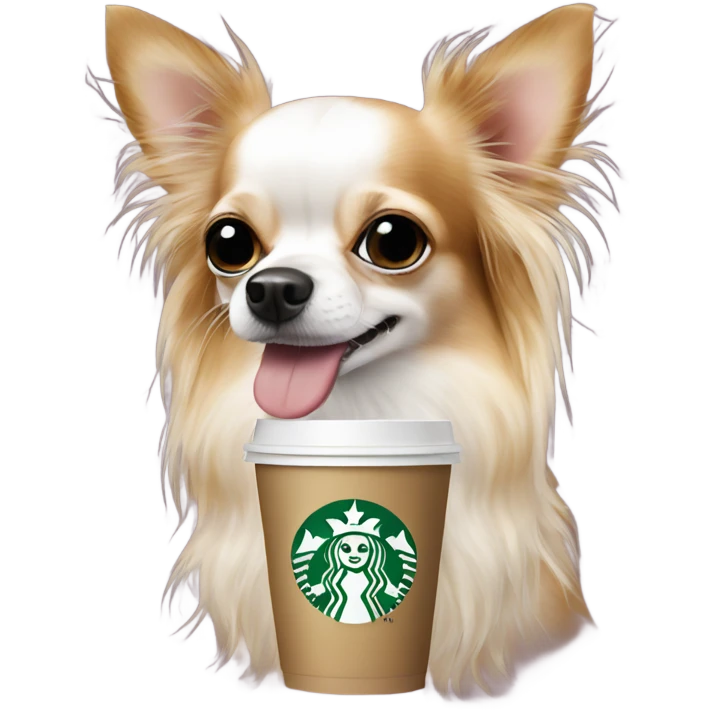 Spotted long hair chihuahua with Starbucks  emoji