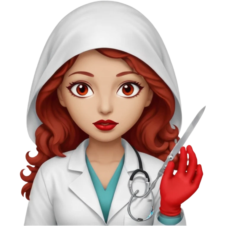 Scary woman scalpel in hand, evil surgeon sexy surgeon clothes.  She has red eyes. Her  brown long curly hair. Wears sexy doctor outfit with red gloves. make her hair free and brown but she  wear mouth cover   to hide. Wears white surgeon jacket and hijab cover lips  emoji