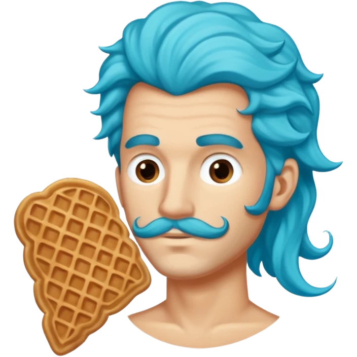 Crée un homme sirène avec une queue bleu turquoise et des long cheveux bouclé chatin en train de manger une gaufre  emoji
