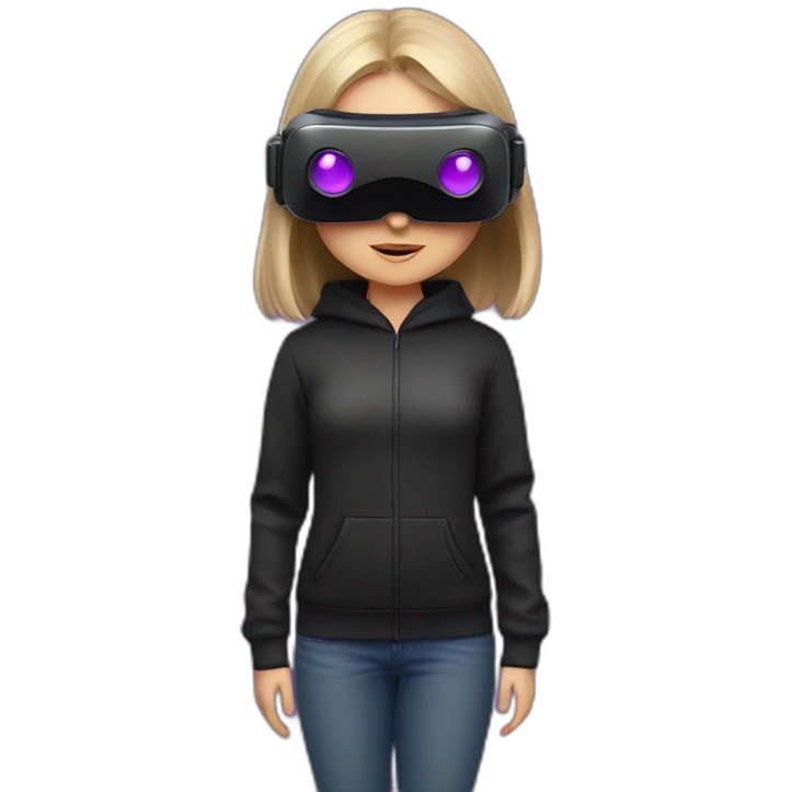 Russian girl wearing black hoody with violet letters "OMG", in vr headset. Violet neon. emoji