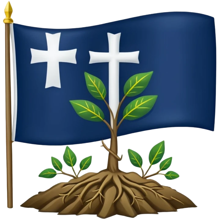 a flag with a Navy blue background with a white cross in the center, roots coming down from the bottom of the cross, a green leaf in the top right corner of the flag, and a slightly dark yellow star rising from behind the cross. emoji