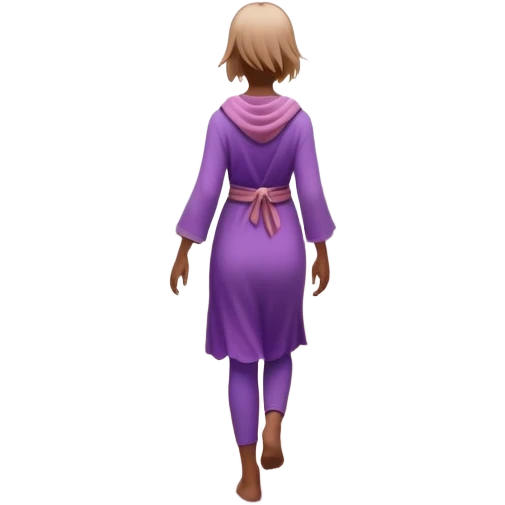 A small figure walks back across a foggy bridge, holding soft pink and purple orbs in each hand—symbolizing compassion and forgiveness. A gentle heart aura trails behind them, showing healing in motion. emoji