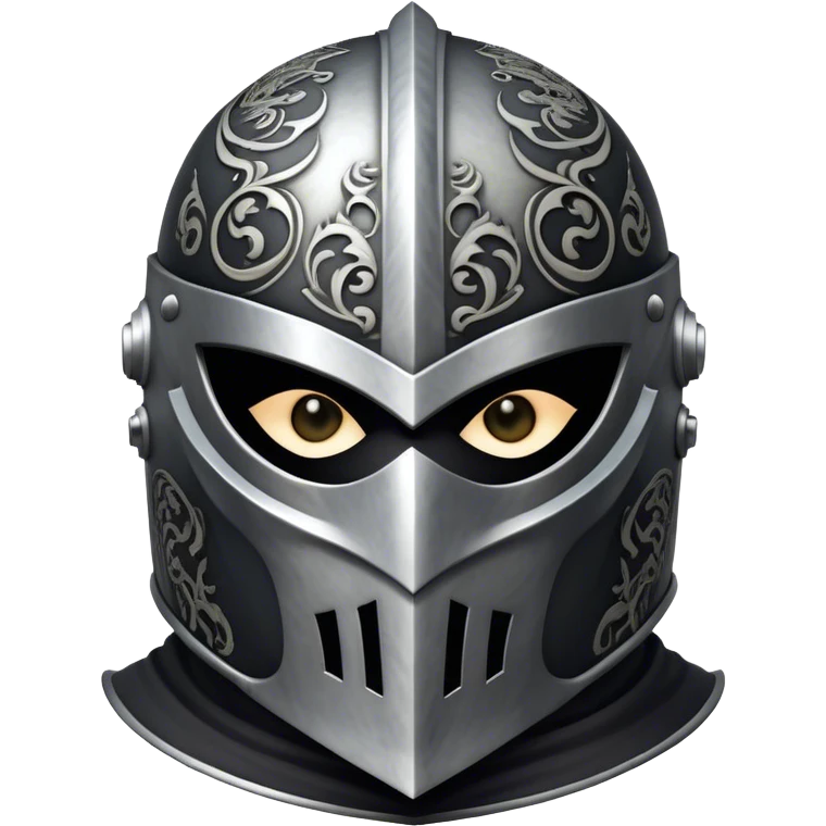 A masked man knight with intricate black engravings on his steel helmet, eyes glowing with fury emoji