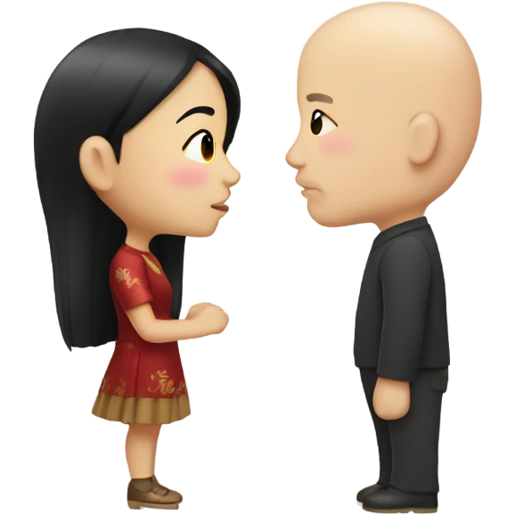 Chinese girl with dark hair kissing bald white man emoji
