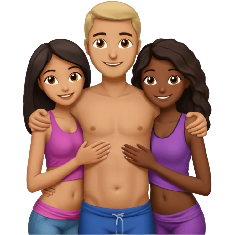 middle Eastern man with two African girlfriends he is 5 inches taller than them. They are rubbing his chest and holding each other breasts and he has his arms wrapped around them around their waist on their butts. emoji