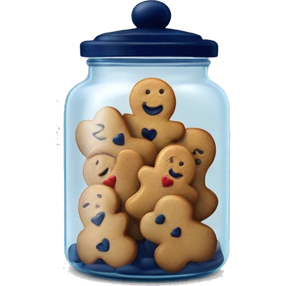 Single Realistic glass cookie jar with navy blue lid and filled with heart shaped gingerbread cookies inside of it. emoji