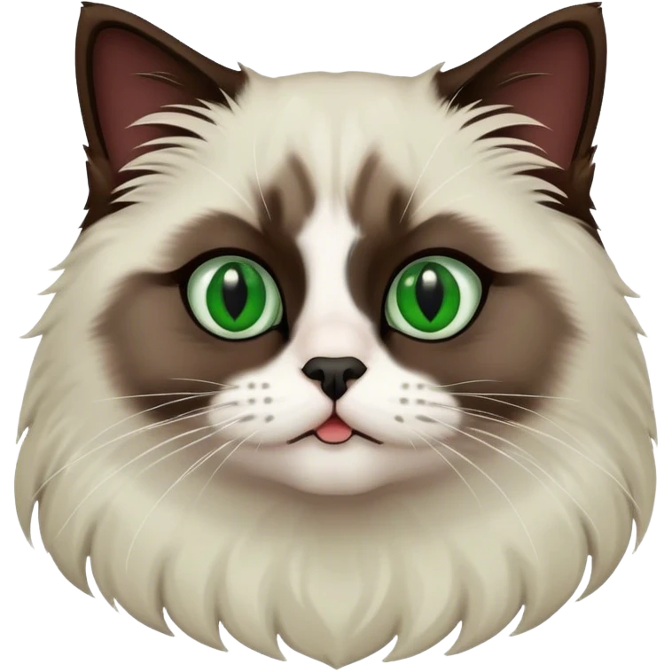 Dark Brown ragdoll cat with a white chest and green eyes and a black nose and mouth emoji