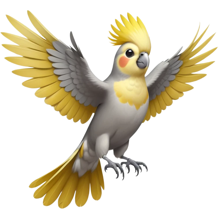 cinematic-[cockatiel]-realistic-full-body-perched-emoji,-wings-out-flying,-head-tilted-dramatically,-sleek-[yellow and grey]-feathers,-simplified-yet-realistic-focused-features,-highly-detailed,-glowing-with-an-almost-sarcastic-glow emoji