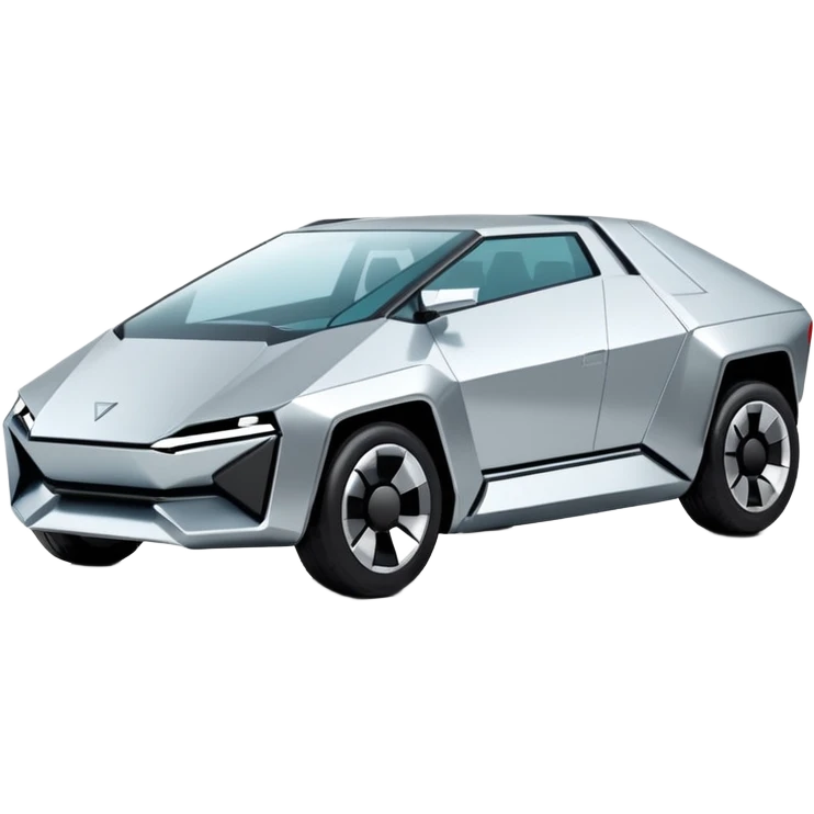 A futuristic chrome car emoji, sharp geometric body design inspired by cybertruck aesthetics, smooth silver metallic surface, matte and glossy chrome mix, minimal details, soft reflections, clean edges, iOS emoji style, centered, clean white background, soft studio lighting, no text emoji