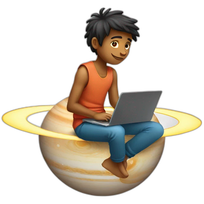 Indian boy with laptop sitting on saturn emoji