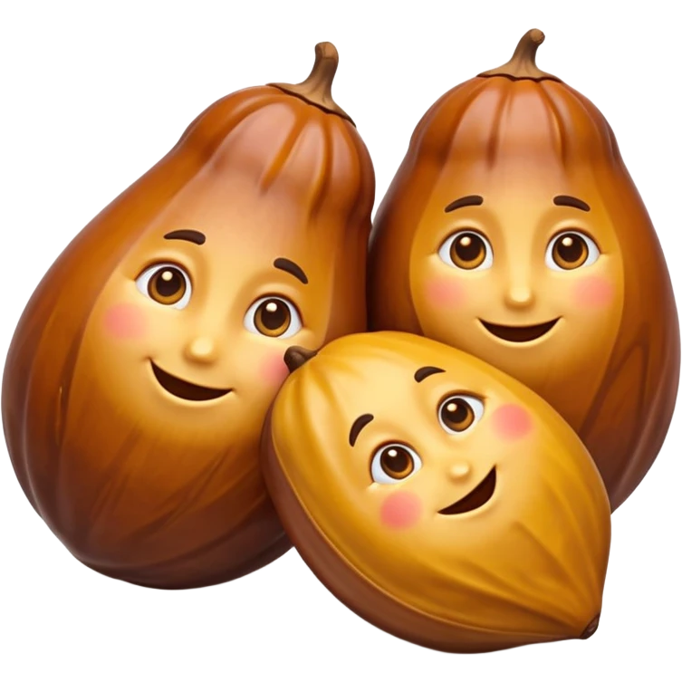 two or three dates, rich glossy brown, wrinkled, plump, natural variation, arranged casually, no plate, packaging, or faces, clean 3D, soft shadows, emoji scale emoji