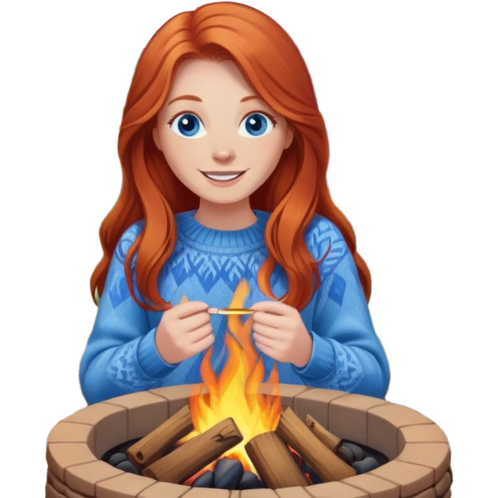 Very Happy redhead with long hair and blue eyes beside fire pit in backyard emoji
