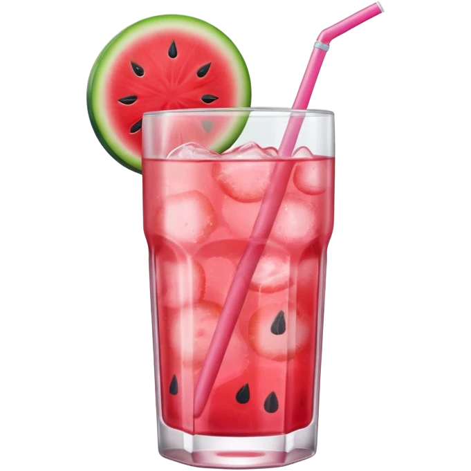 pink soft drink with a watermelon chunk on the rim of glass no straw emoji