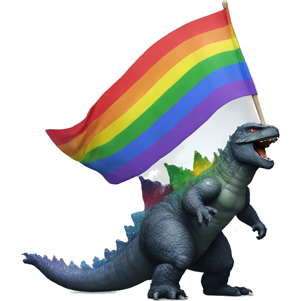 Godzilla playing with a rainbow flag emoji
