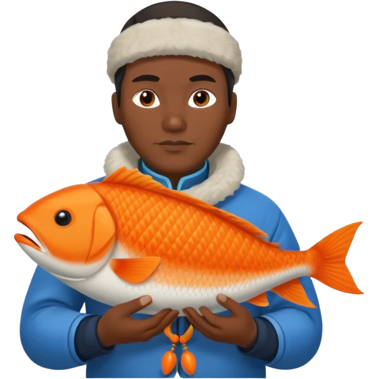 inuit man with traditional clothes and orange fish emoji