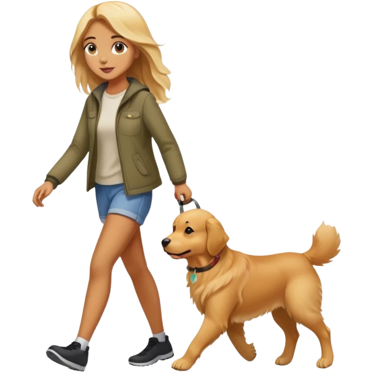 Beautiful girl walking a golden retriever dog emoji
