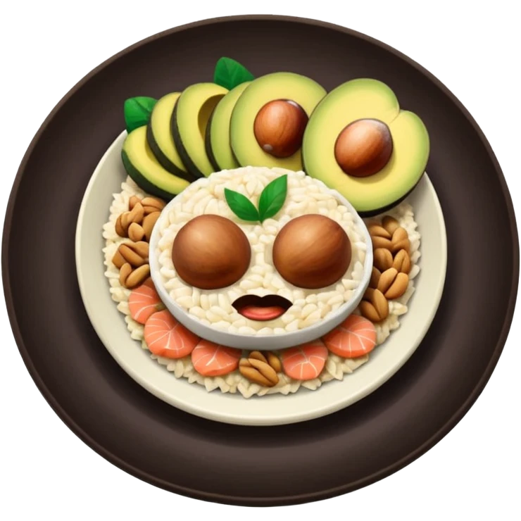 plato con comida variada granos aguacate rebanado salmon nueces arroz

 emoji