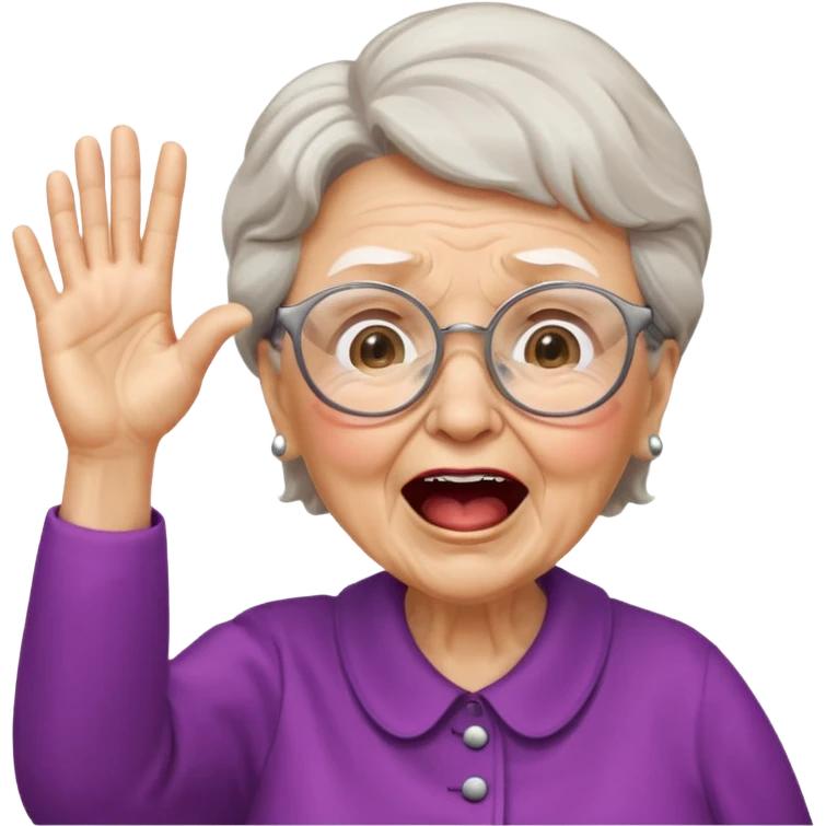 An old lady with big glasses, waving her arms while yelling encouragement. emoji