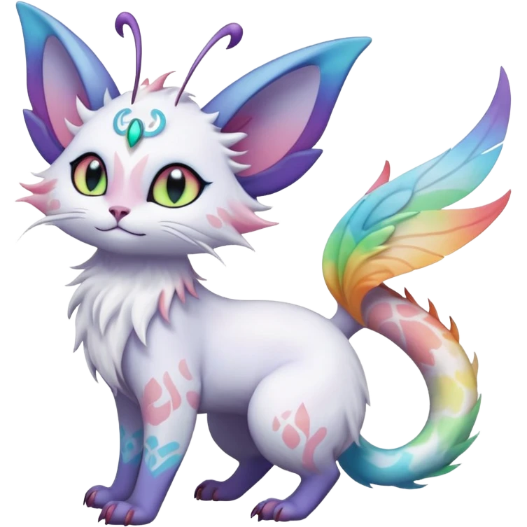 Pure-snow-White albino iridescent with pastel rainbow-gradients-color-markings with swirly patterns butterflies  faerie-Noivern-Noibat-Purloin-Torracat-Lykoi-Caracal-cat-Fakemon-fusion-hybrid-creature emoji