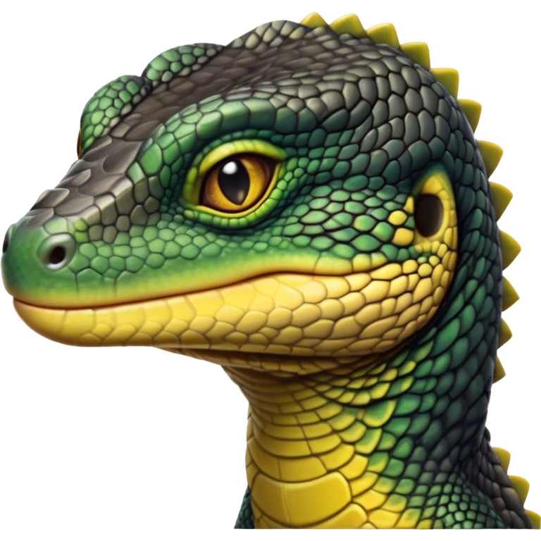 cinematic-realistic-cute-monitor-lizard-portrait-emoji,-head-tilted-playfully-and-inquisitively,-featuring-a-compact,-agile-body-with-finely-detailed,-glossy-scales-in-earthy-black and yellow-hues-and-a-distinct,-alert-face-with-bright,-curious-eyes, black , yellow spotted and green band  scales and a slender neck emoji