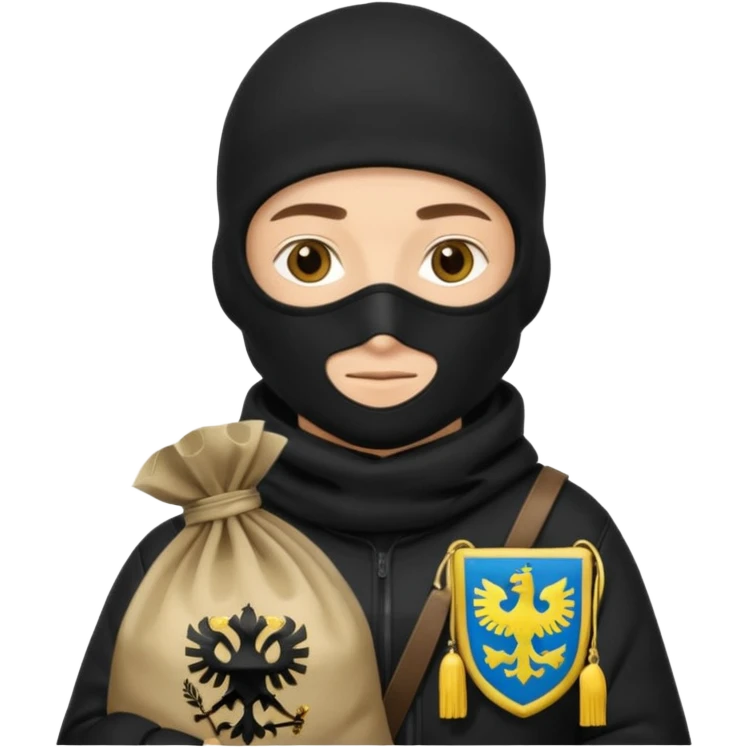 создай реалистичного белого украинца в черное одежде и черной балаклаве с большим мешком денег с  гербом страны на нем  emoji
