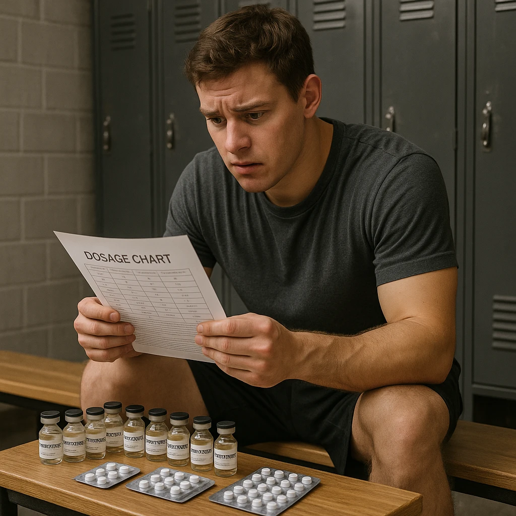 realistic inexperienced athlete sitting on bench surrounded by bottles of testosterone and blister packs of aromatase inhibitors, consulting dosage chart, worried expression, locker room background, 4K quality emoji