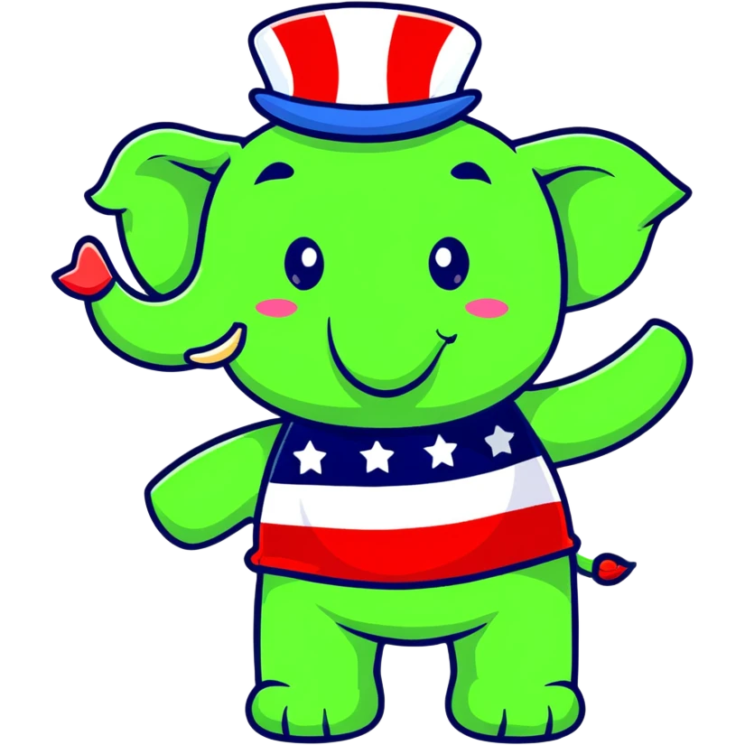 cute red elephant, cartoon style, simple and round like iOS emoji, wearing a patriotic top hat, ideal for digital stickers emoji