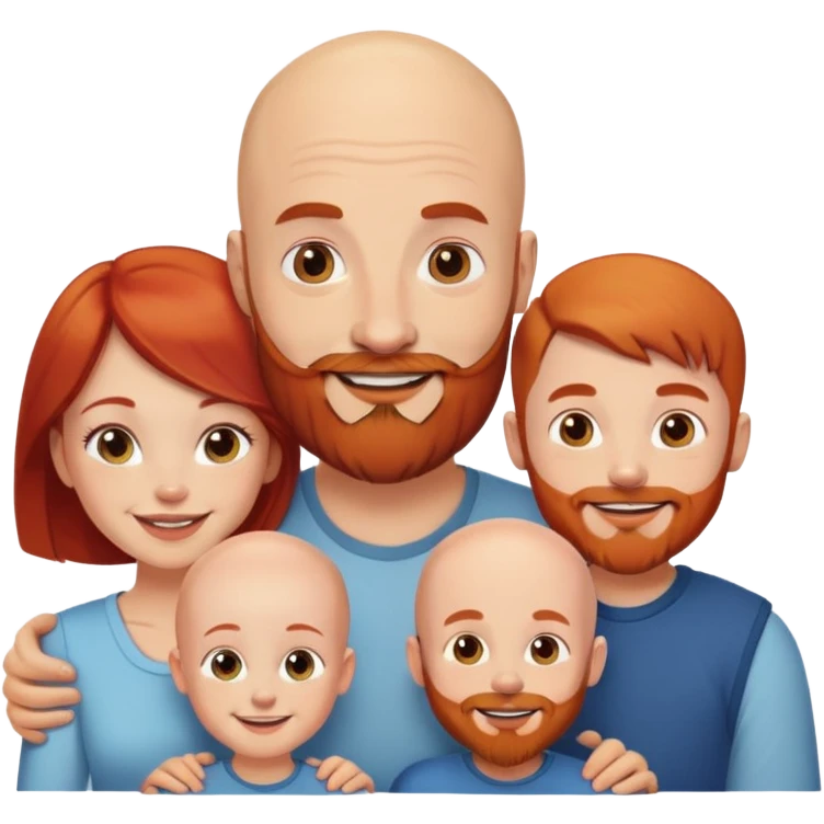 Smiling bald man with beard, smiling redhead woman and three little boys emoji