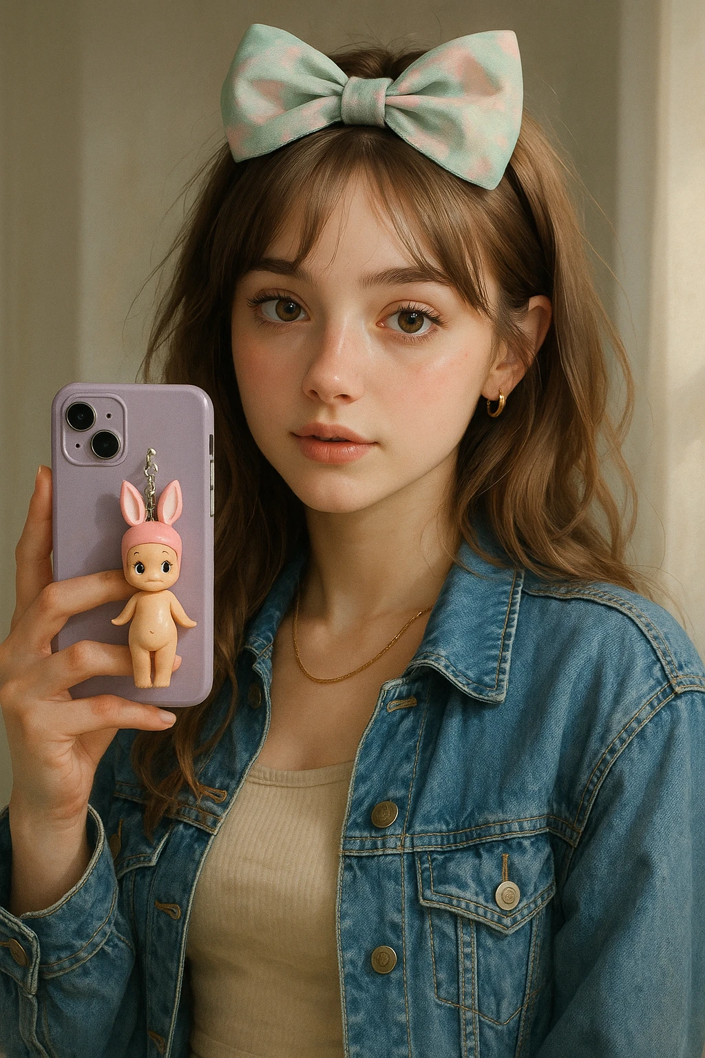 realistic illustration of a cute girl with a pastel bow, trendy outfit, and a phone decorated with a Sonny Angel figurine emoji