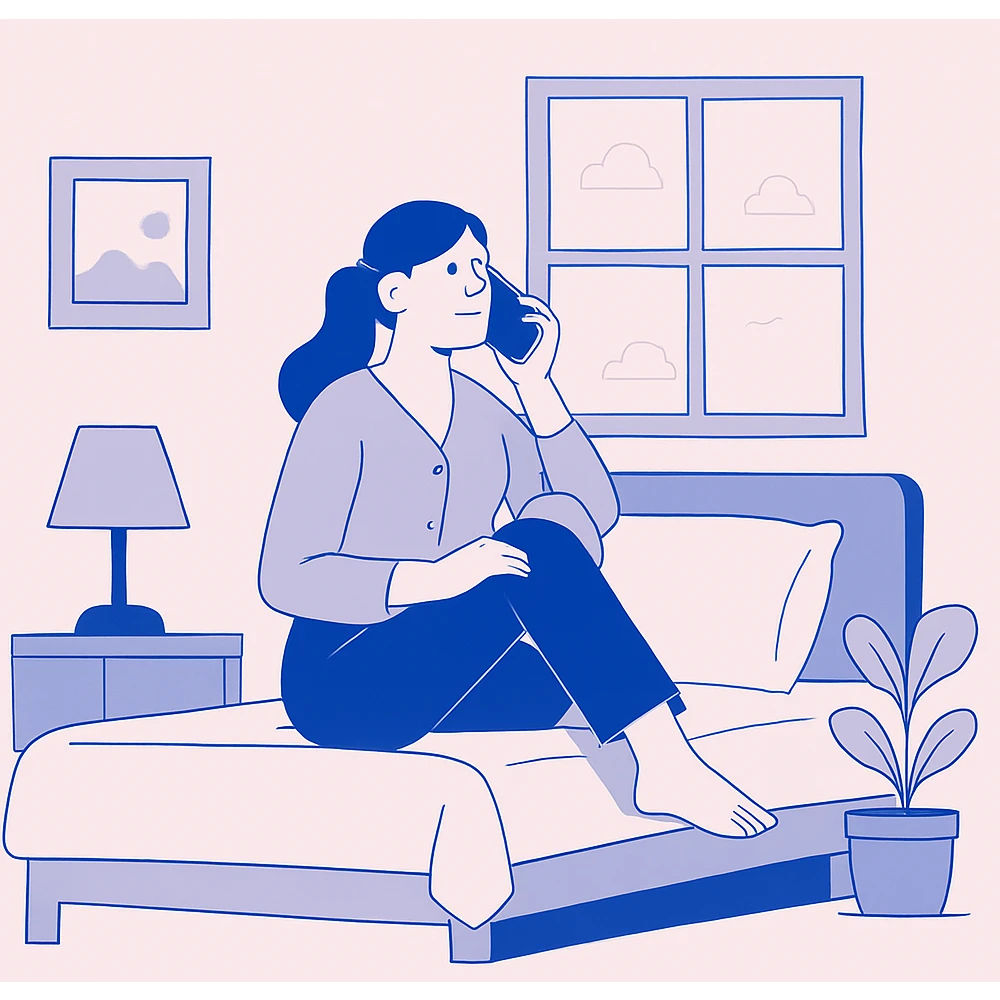 girl sitting on bed talking on phone in her bedroom emoji