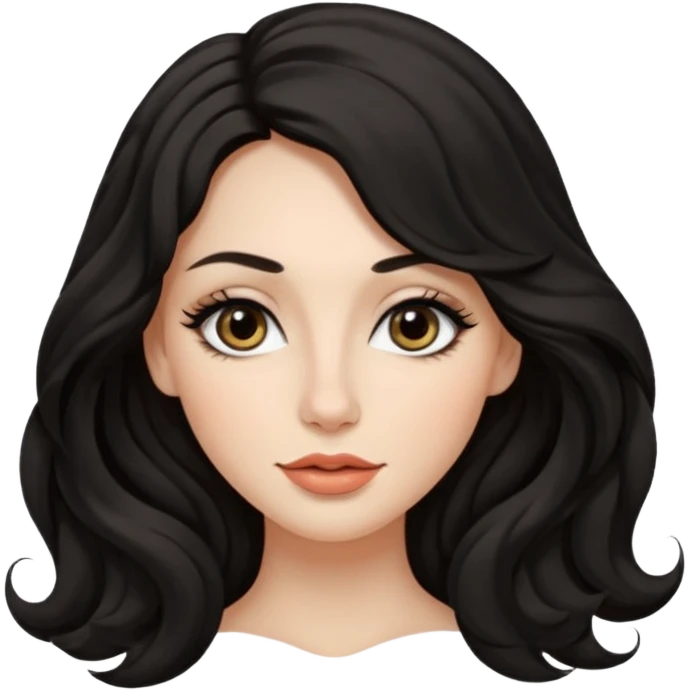 persona mujer con piel clara y ondas color negro y largos  y sin volumen y con delineador en los ojos y con los labios medianos, ojos almendrados y nariz respringada y el fondo blanco  emoji