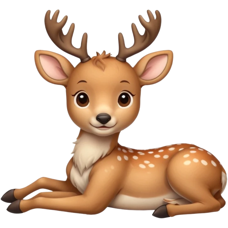 Cute beige deer lying down, legs folded, soft fur with lighter spots, big eyes, gentle smile, short antlers, simple cartoon style. emoji