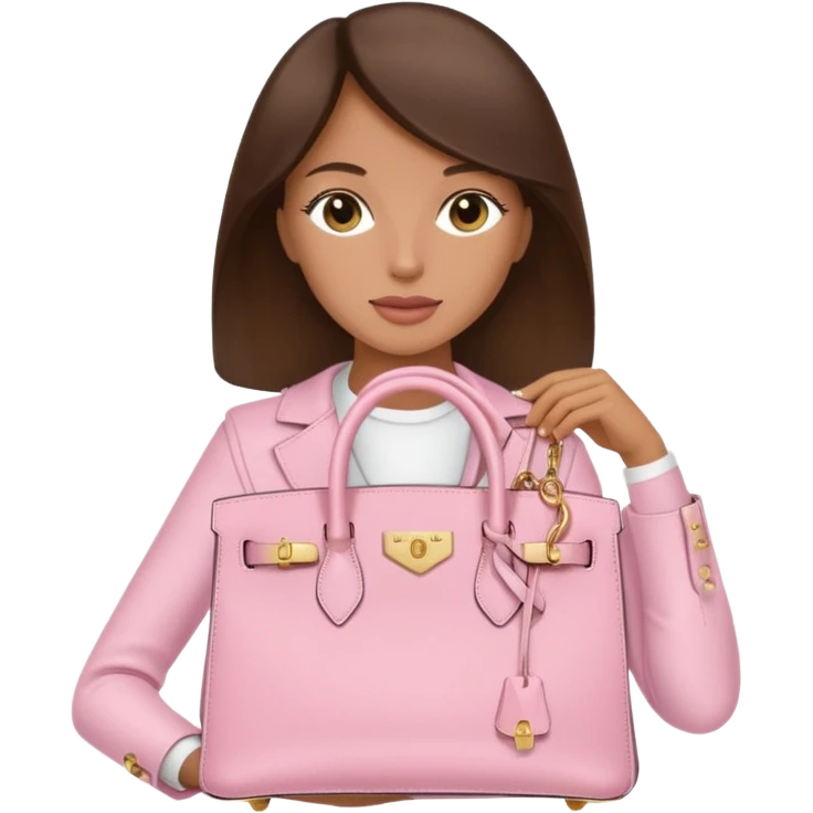 A brunette tan women holding a baby pink Birkin bag with gold hardware emoji