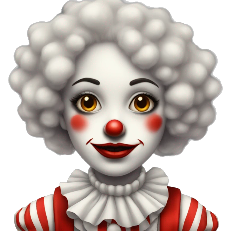 Old fashioned girl clown in fluffy collar with clown makeup in a white and red striped clown outfit  emoji