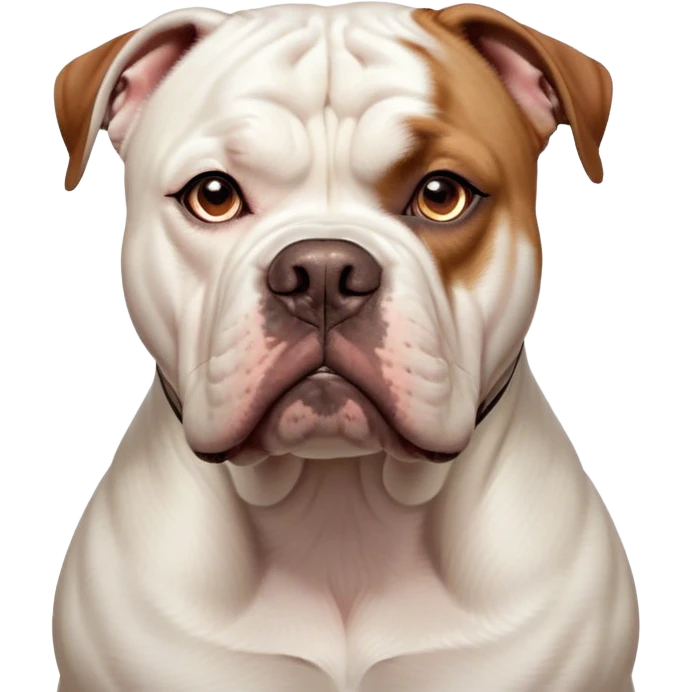Cinematic Noble White and Brown American Bulldog Portrait Emoji, Poised and regal, with a strong, muscular build and a short, well-groomed white coat accented by warm brown patches, deep-set soulful brown eyes, Simplified yet sharp and sophisticated features, highly detailed, glowing with a soft, dignified glow, high shine, intelligent and loyal, stylized with an air of strength, focused and attentive, soft glowing outline, capturing the essence of a watchful and confident guardian, so majestic it feels as though it could step out of the screen with effortless authority! emoji