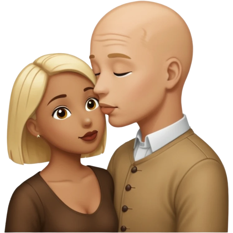 Bald man kissing brown  girl with page boy  blond hair emoji