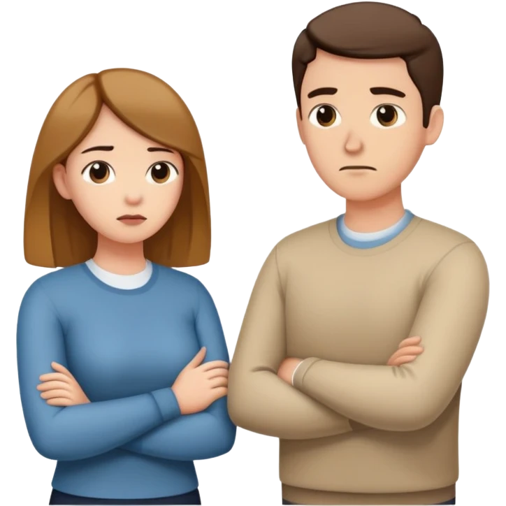couple resolving conflict, one person with avoidant attachment style turning away with arms crossed, the other with secure attachment style offering a hand to talk emoji