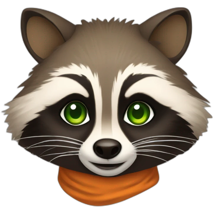 brown raccoon with orange eyes and a dark green hood that smile emoji
