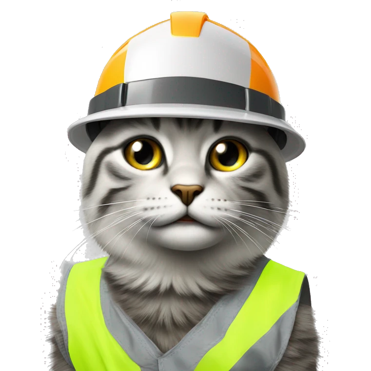 Construction Cat with cyber eye, high visibility vest and hard hat futuristic  emoji