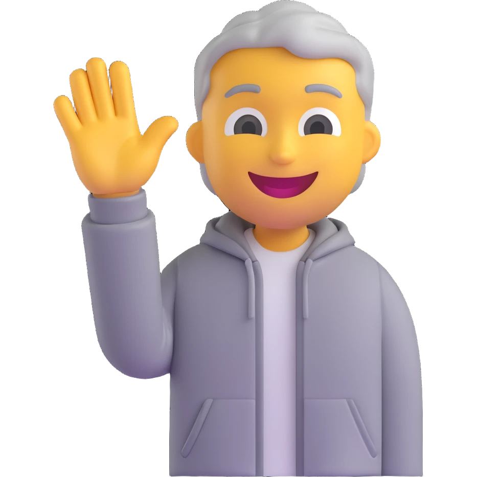 Make the character smile and wave, keep the same 3D emoji style, wearing a grey jacket, with a neutral background. emoji