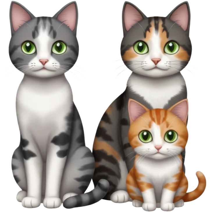 4 different coloured small cats including a dark grey and white, and a patchy calico, and a brown tabby and white,  and a completely solid dark grey with green eyes and only white paws emoji