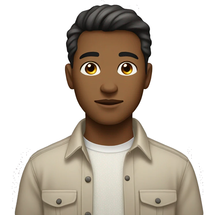 Young man with medium skin tone, neutral expression, short dark hair, wearing a light-colored button-up shirt with small dots. Simple white background. emoji