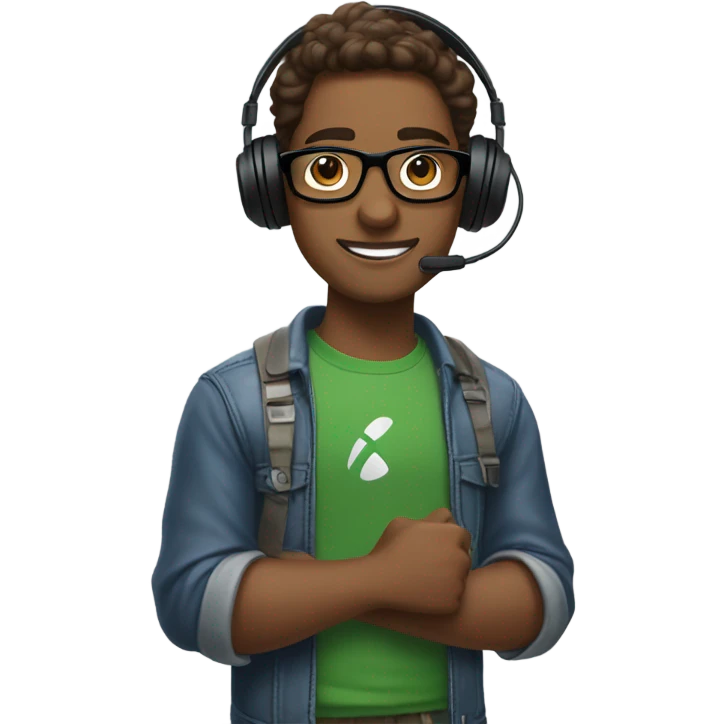 Brown skinned guy with glasses holding Xbox controller and wearing gaming headset emoji