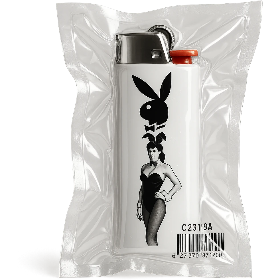 white BIC lighter, glossy and puffy, with a black Playboy Bunny logo and a model in a black bunny suit emoji