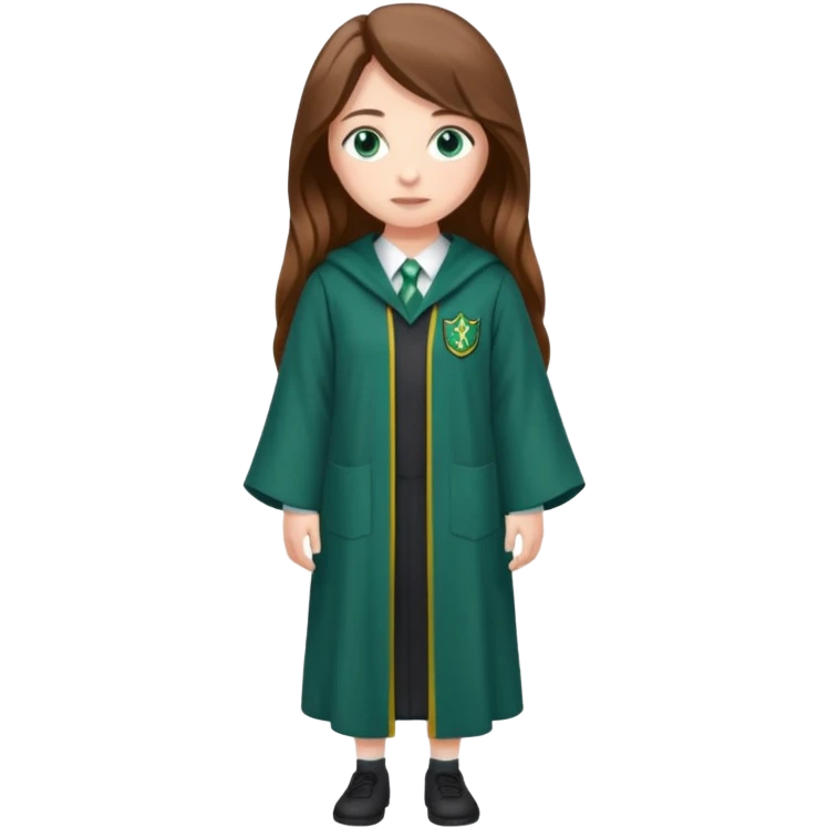 full length of a young woman with long brown hair and blue eyes. She is wearing Slytherin school robes emoji